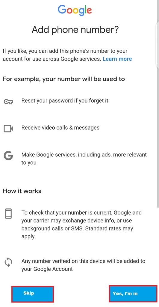 phone number for a New Gmail Account